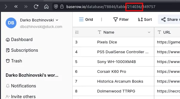 baserow table id